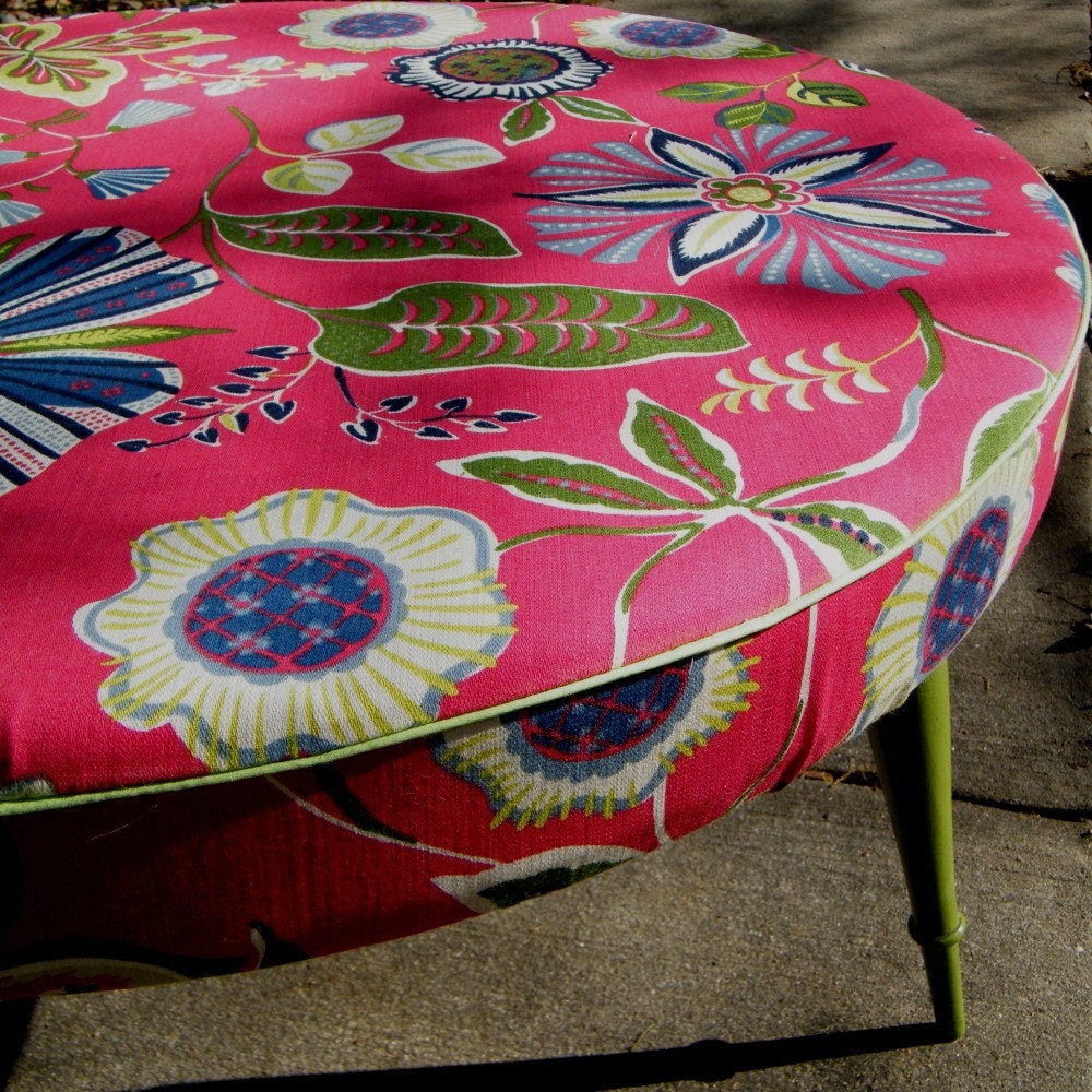 Ottoman Coffee Table Round Upcycled in Designer Fabric with Wood Legs in Moss Green