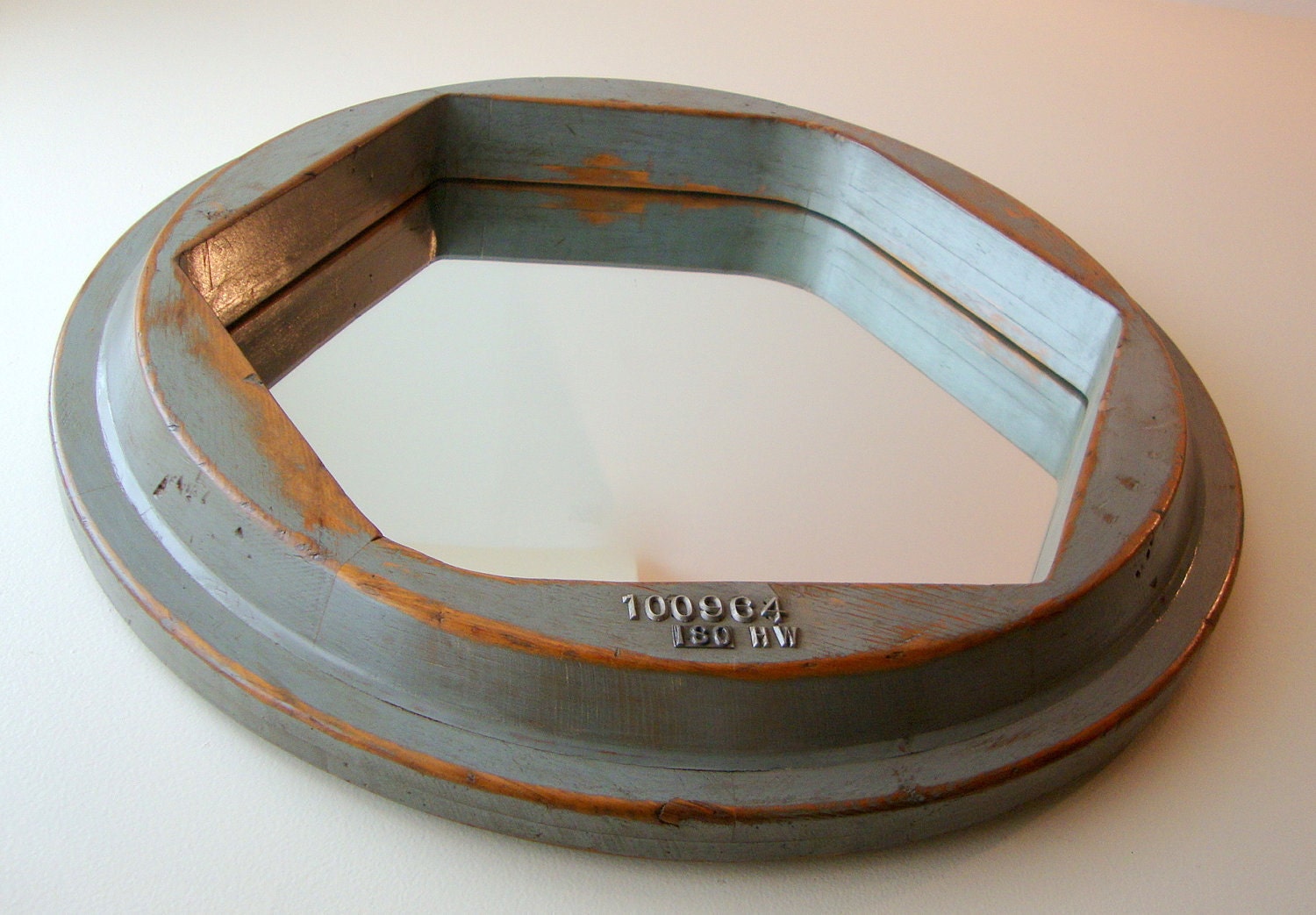 Grey Hex shaped flange mirror - antique foundry pattern mold