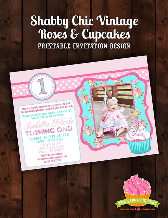 Printable Photocard Invitation Design - Shabby Chic Vintage Rose & Cupcake Collection - DIY Printables by The Paper Cupcake Il_570xn