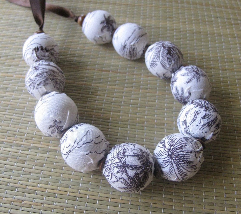 Necklace - Fabric Covered Wood Beads - Cream & Brown