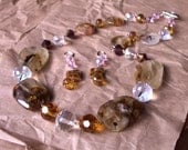 Esther Jewels Amber-Large Chunky Statement SIlver Jewelry Set withTigerskin Glass and  Multifaceted Amber, Kunzite Pink, and Clear Crystals