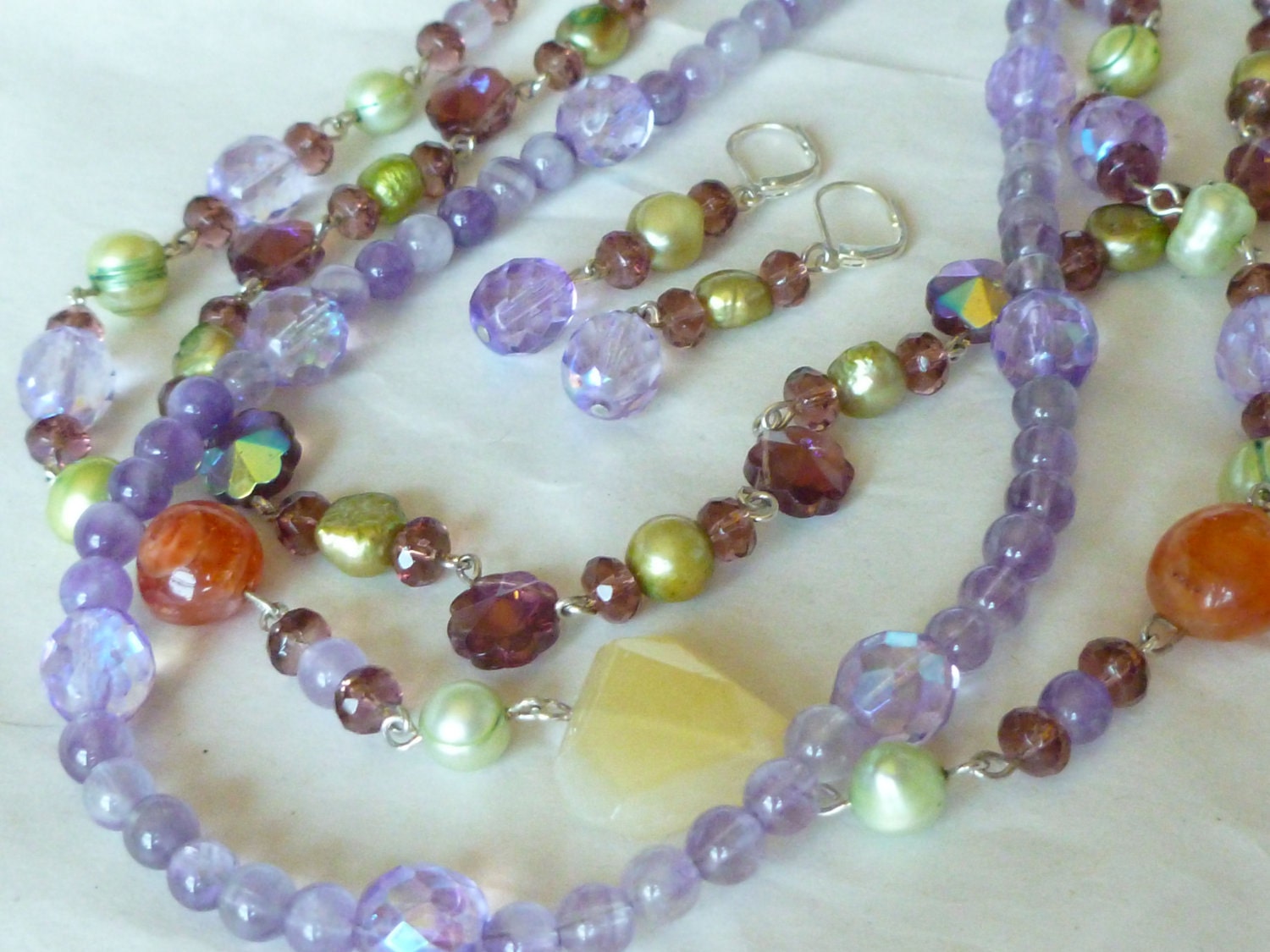 Purple Folly-Triple Layered Amethyst Carnelian Stone,Green Freshwater Pearl, Crystals Beaded Silver Jewelry Set
