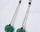 Long Chain Green Fashion Bead Dangle Beaded Silver Earrings  with Multifaceted Gun-Metal Crystals