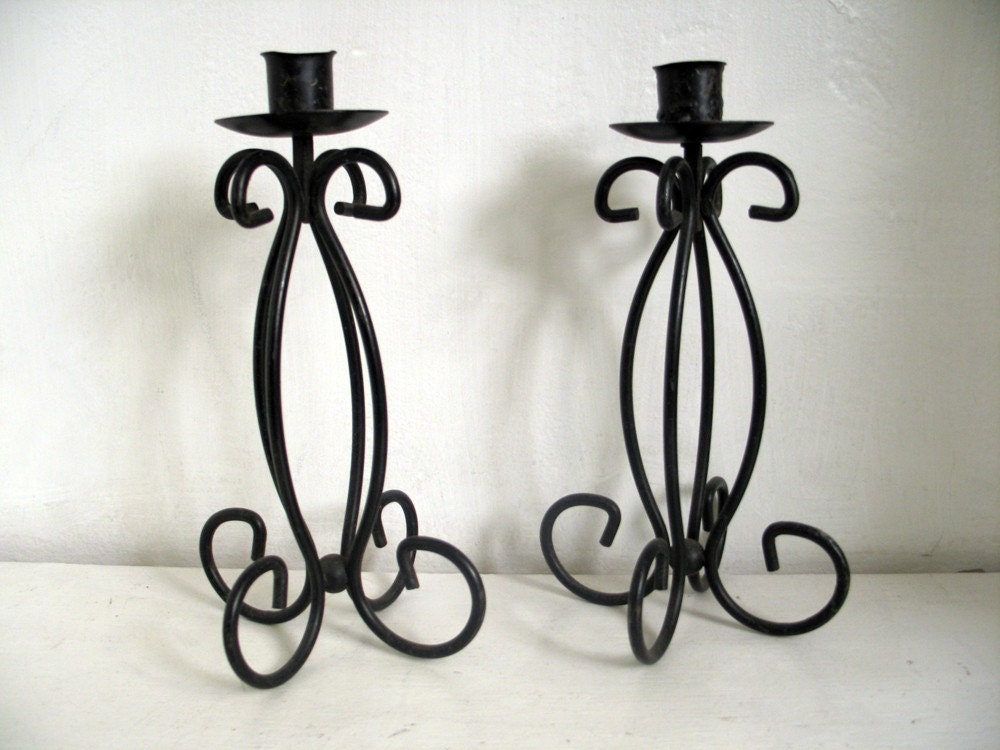 Vintage 1960s Pair of Ornate Wrought Iron Candle Holders