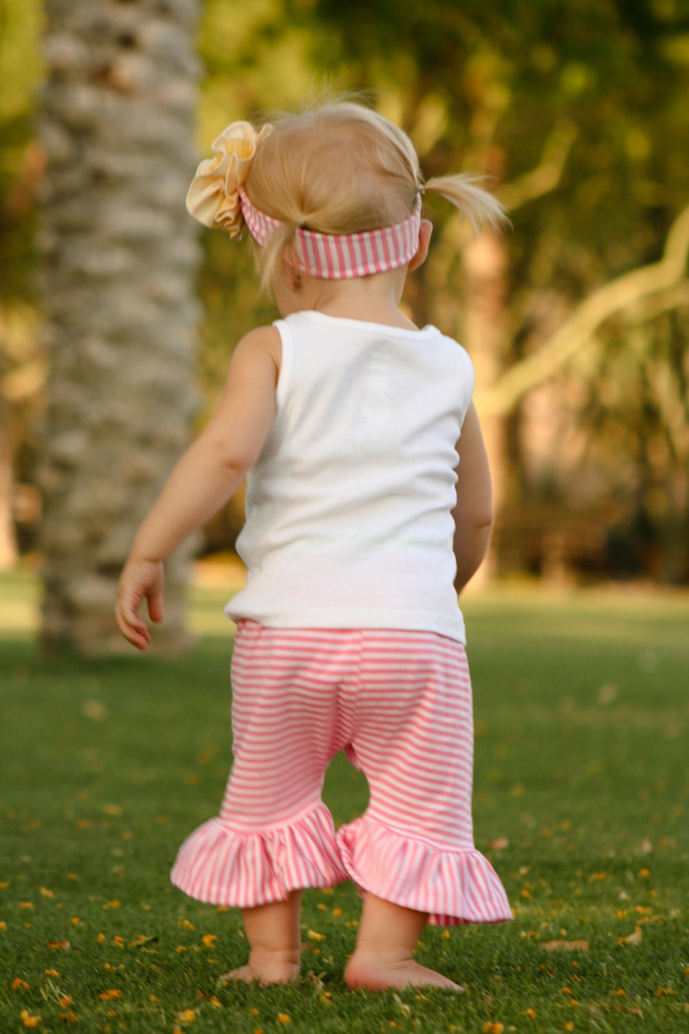 Pink Candy Stripe ruffle capri. 6mo to 6yrs
