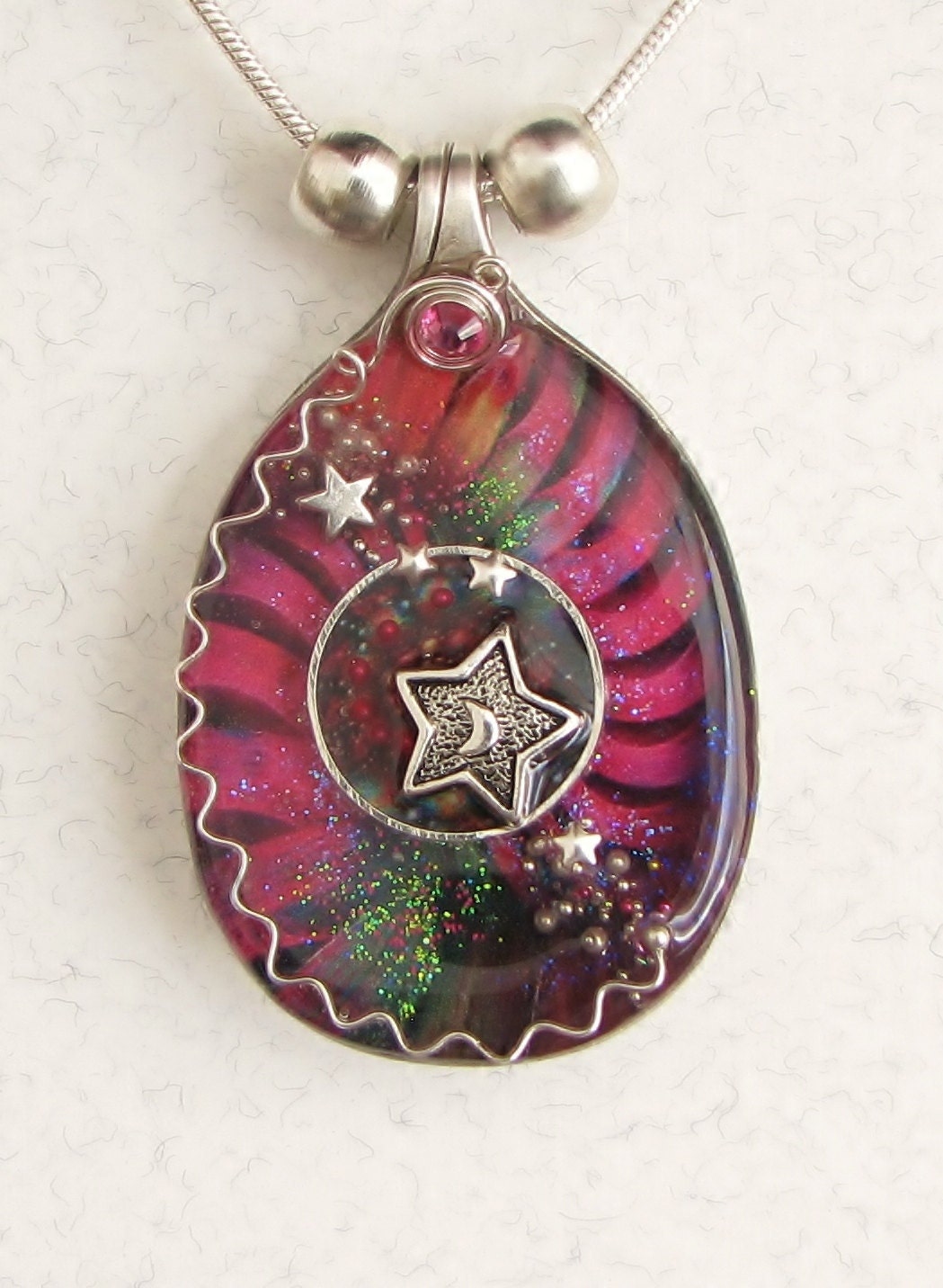 Spoon Necklace Pendant, Pink Celestial Scene, Silver Stars, Sterling Silver Chain