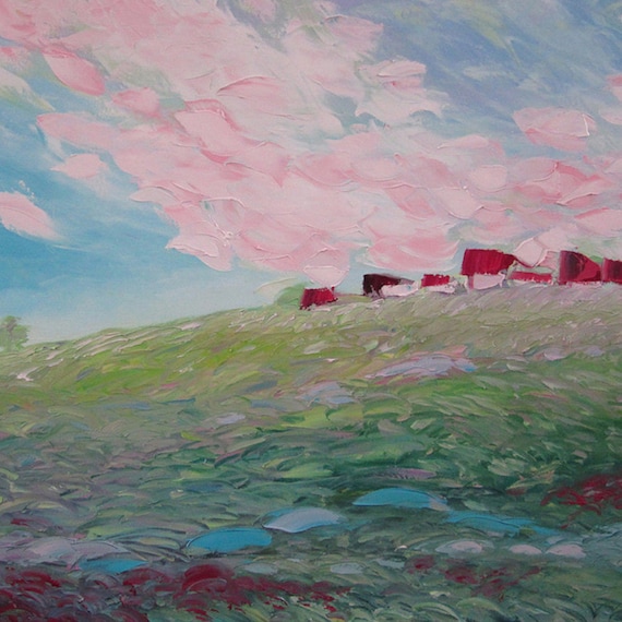 Pink clouds - FREE SHIPPING - Large 39"x28" Original Oil Painting - ready to hang palette knife impasto