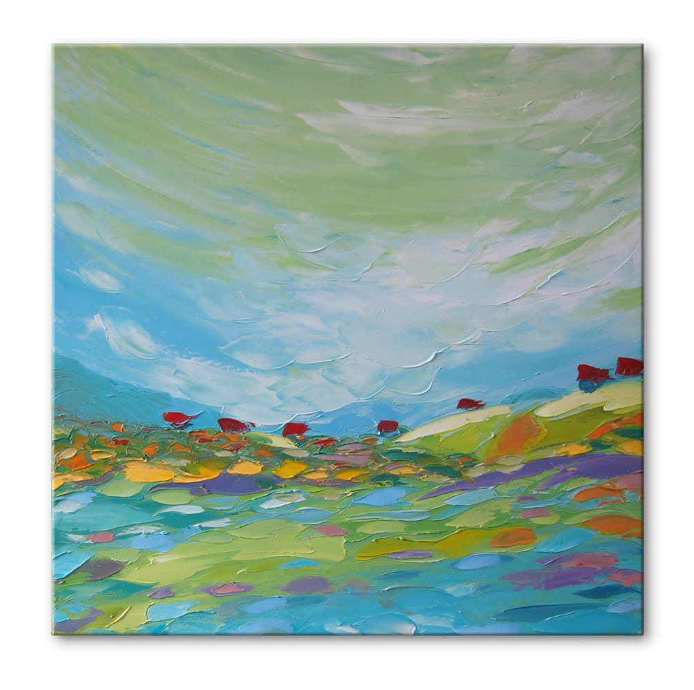 Blue valley FREE SHIPPING Original Oil Painting on Canvas Palette Knife - by SOLOMOON - gallery fine art ready to hang 23x23 impasto