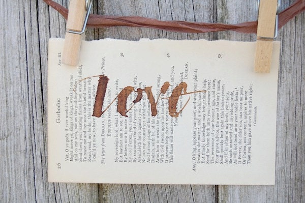 Love, old book page, original calligraphy, vintage book, paper ephemera, collage paper - suziscribbles