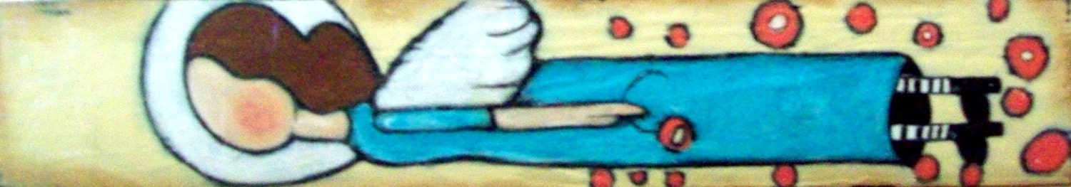 Whimsical Flying Angel on Flat Wood  Original 19.5 long x 3.5wide