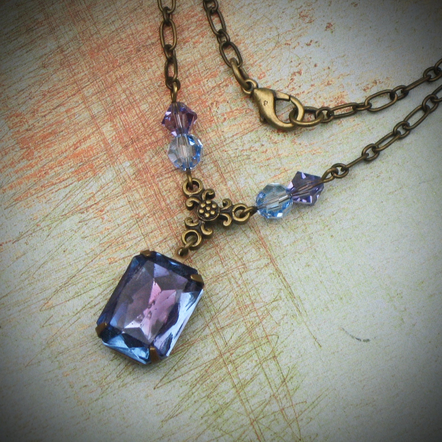 Vintage Rhinestone Necklace, Swarovski, Bride, Wedding, Antiqued Brass, Purple, Blue, Jewelry by rewelliott on Etsy