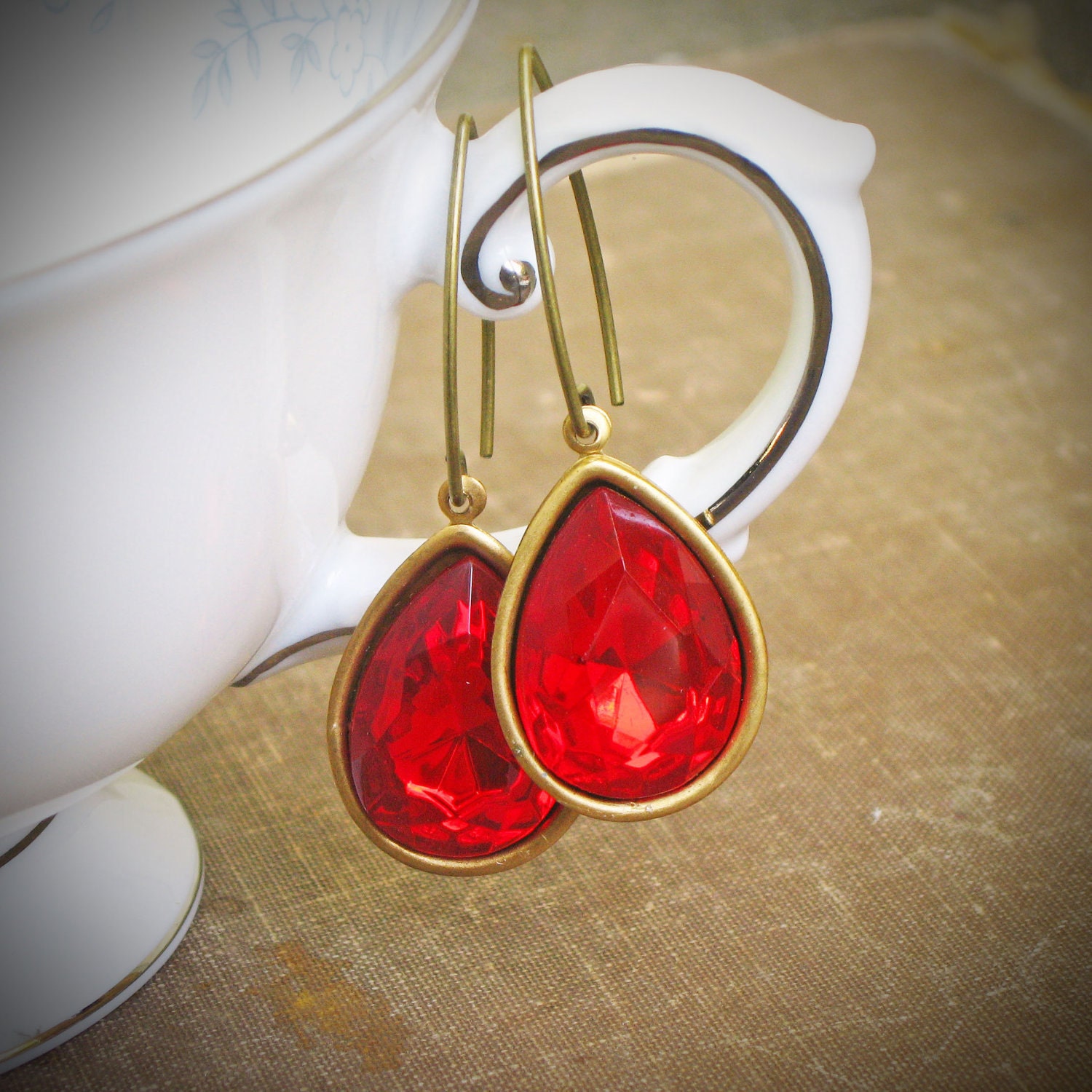 Poppy Red Rhinestone Earrings, Vintage, Pear, Ruby, Ready to Ship