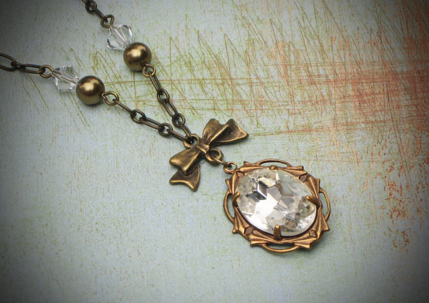 Vintage Rhinestone Necklace, Edwardian Jewelry, Antiqued Brass, Crystal