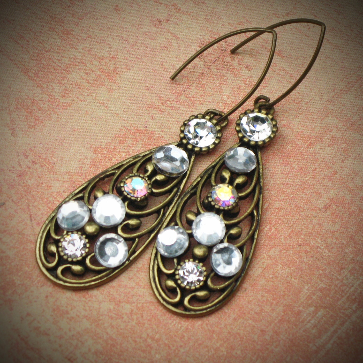 Vintage Earrings, Bride, Wedding, Antiqued Brass, Crystal Bridal Earrings, Jewelry by rewelliott on Etsy