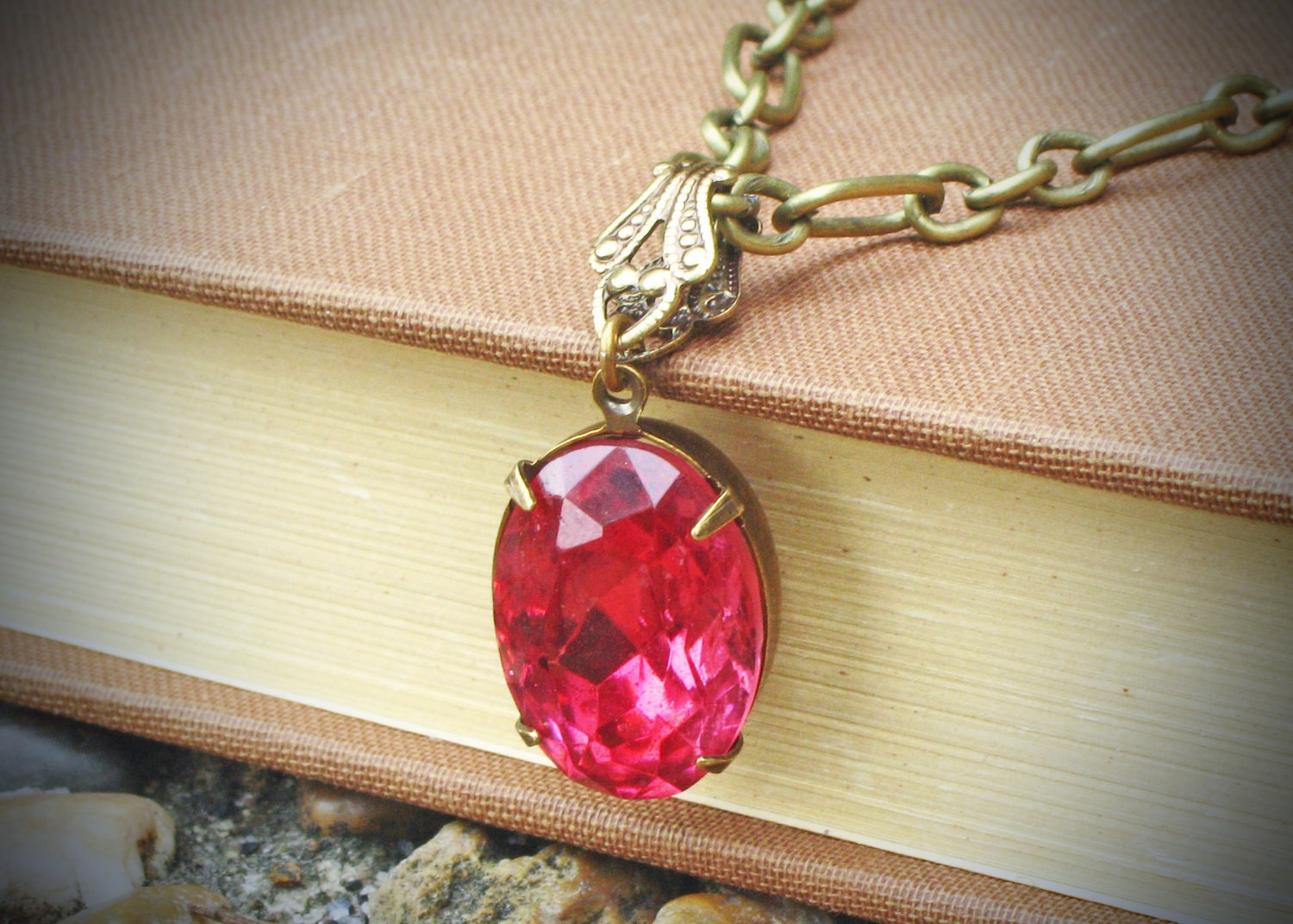 Vintage Rhinestone Necklace, Pink, Rose, Brass, Jewelry by rewelliott on Etsy
