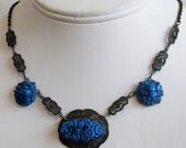 Vintage 20s 30s Art Nouveau Blue Floral Czech Art Glass Silver Filigree Necklace