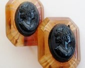 Vintage 30s 40s Coro Carved Rootbeer Lucite Celluloid Cameo Sterling Silver Earrings