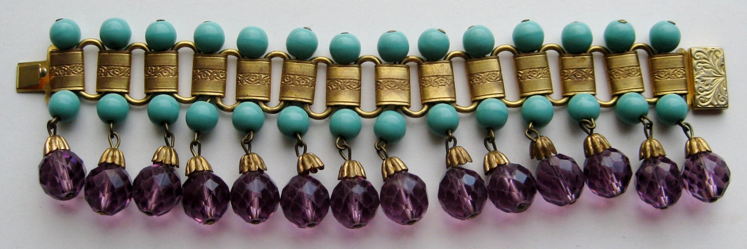Reserved - Vintage 50s Miriam Haskell Style Eqyptian Revival Gold Link Amethyst Glass Bead Designer Bracelet