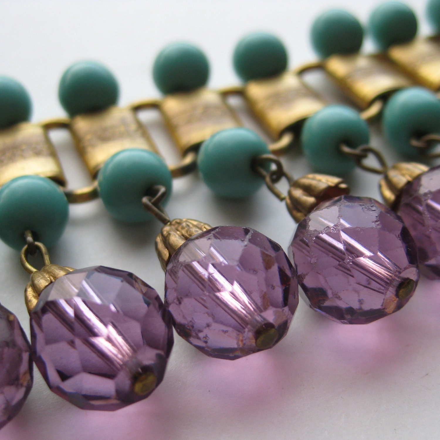 Reserved - Vintage 50s Miriam Haskell Style Eqyptian Revival Gold Link Amethyst Glass Bead Designer Bracelet
