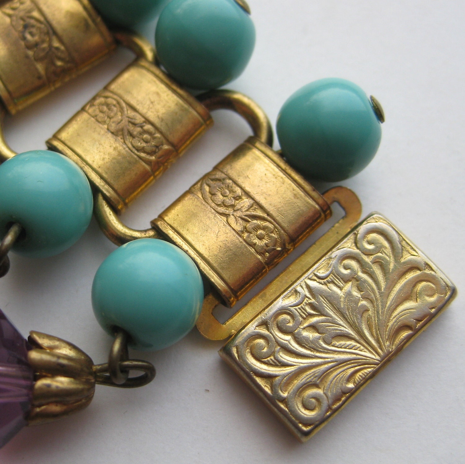Reserved - Vintage 50s Miriam Haskell Style Eqyptian Revival Gold Link Amethyst Glass Bead Designer Bracelet