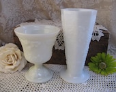milkglass vase pair grape pattern ornate weddings garden parties shabby cottage