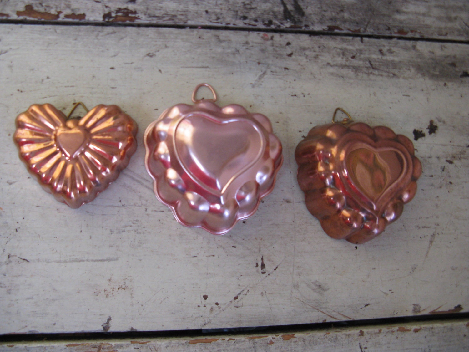 reserved for jane heart molds set of 3 copper aluminum weddings candles soap tart molds wall decor