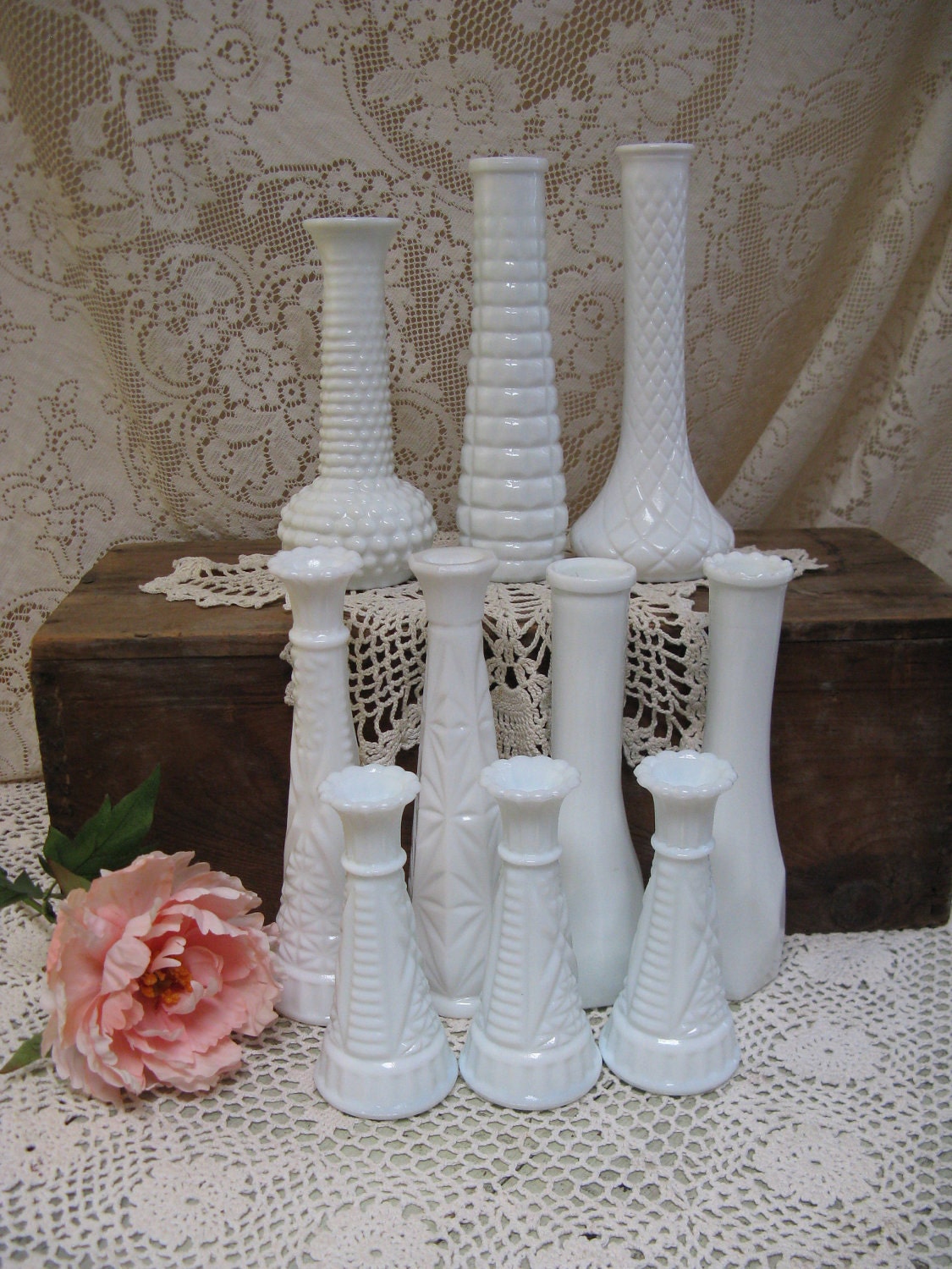 reserved for melissa---milkglass bud vases set of 10 weddings showers garden parties various styles