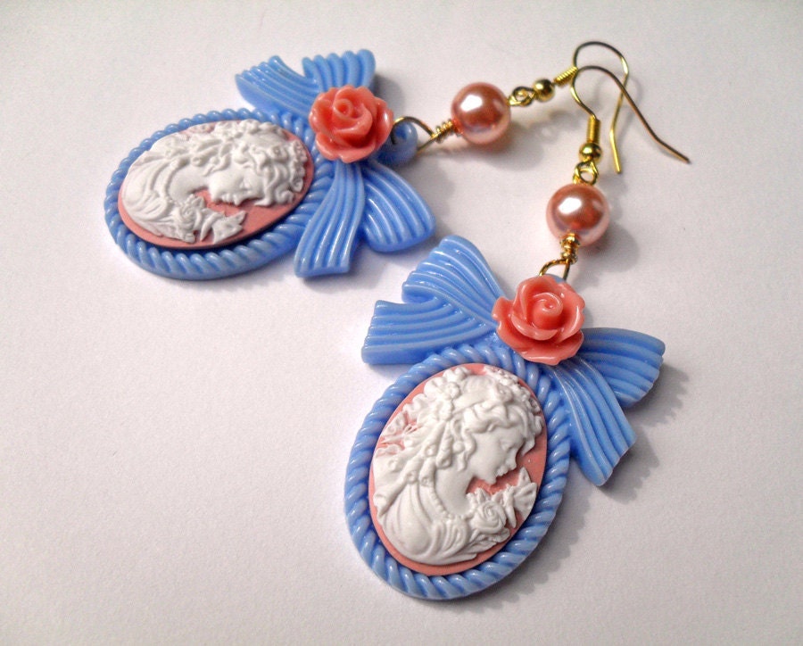 Sweet Lolita Kitschy Cute Earrings -My Sweet Lady - Baby Pink Vintage Style Lady Cameos with Cute Periwinkle Blue Bow Setting - Fairy Lolita