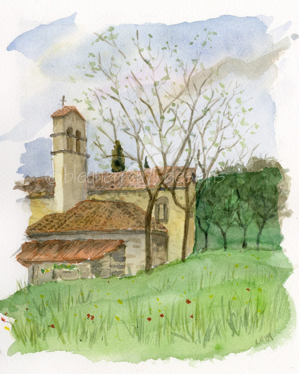 tuscan watercolor- Old Village Chapel- 8x10 print