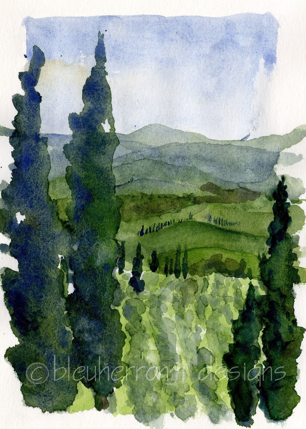 italian watercolor landscape- Pienza's cypress- 5x7 print
