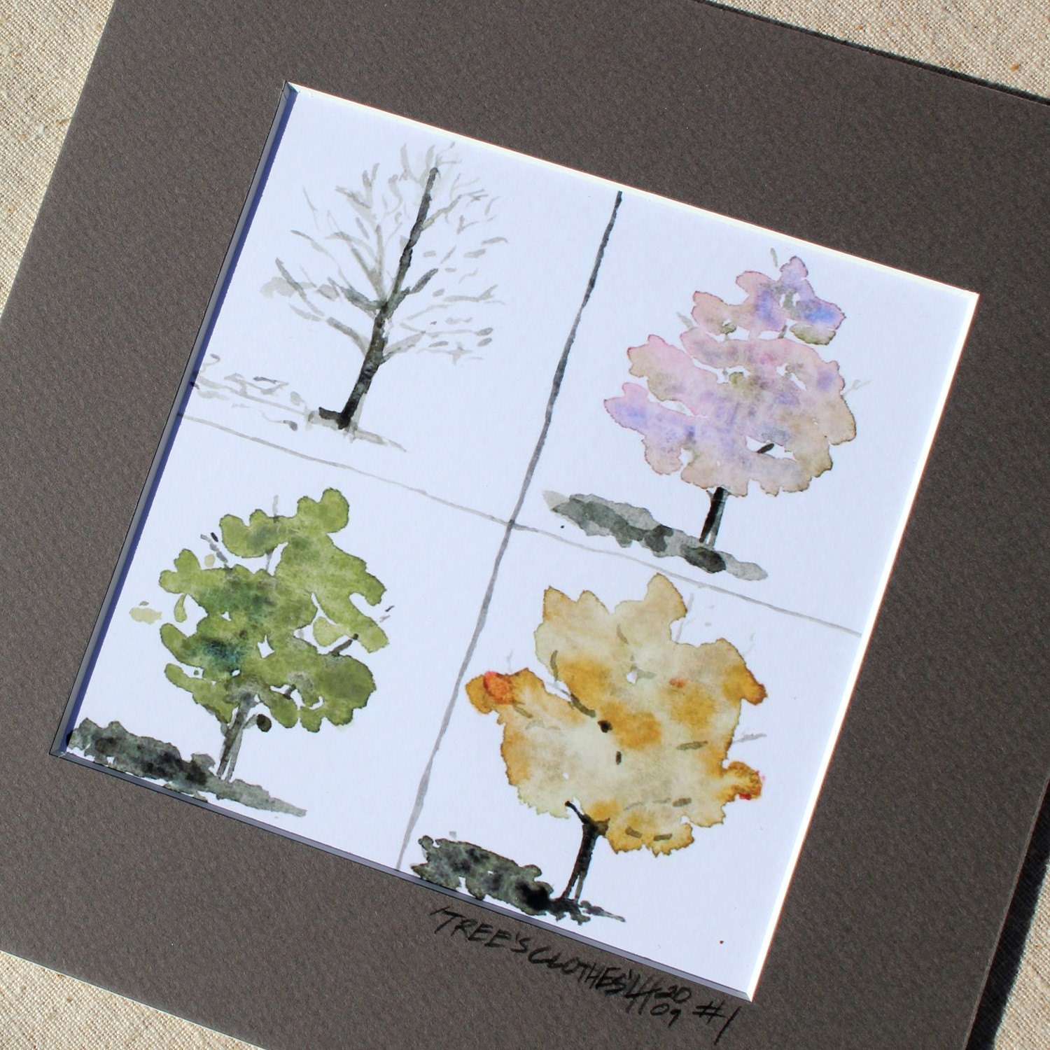 watercolor seasons- A Tree's Clothes- 5x5 print matted to 8x8