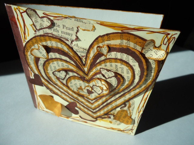 Sepia Stripes - Original Valentines's 3D Art Card Collage Brown Tan Vintage Upcycled