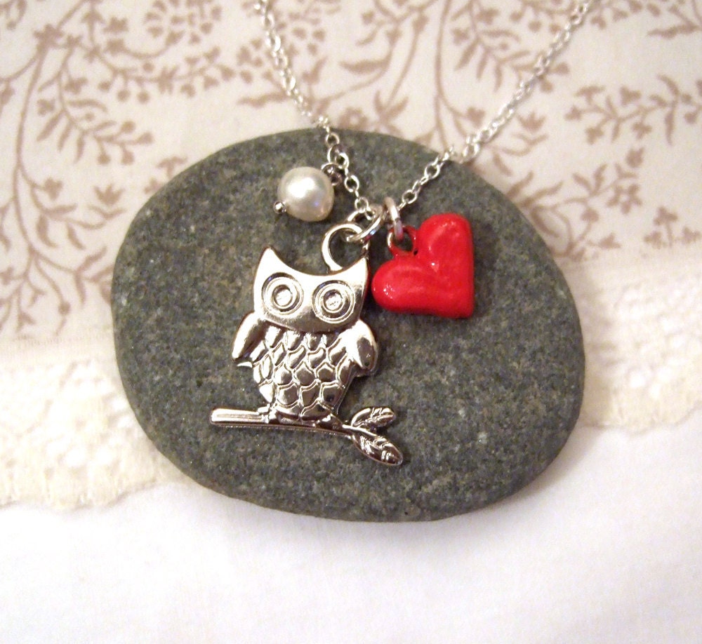 Silver plated owl charm necklace, with heart and pearl