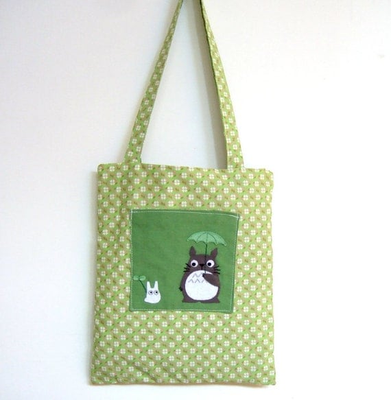 Totoro bag with umbrella pocket with super awesome green retro fabric