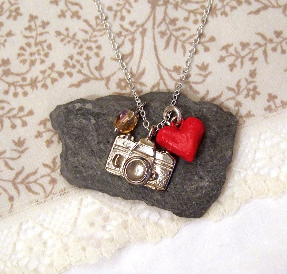 Silver plated camera charm necklace, with heart and crystal bead
