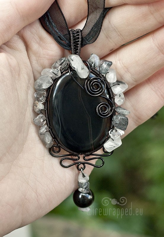 Gothic black agate wire wrapped pendant