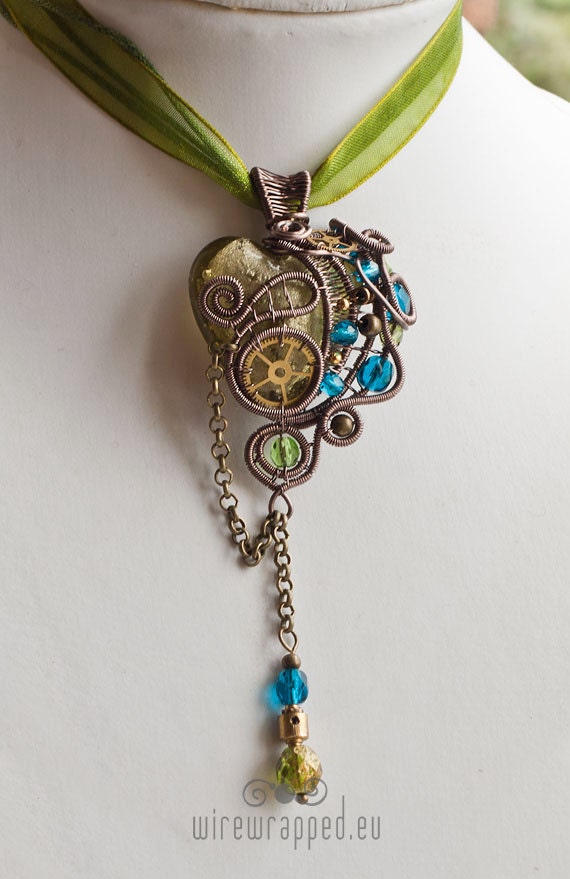 OOAK Olive green and capri blue steampunk wire wrapped heart pendant