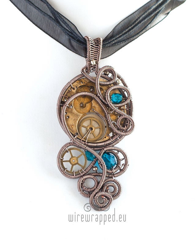 OOAK Steampunk wire wrapped pendant with blue beads