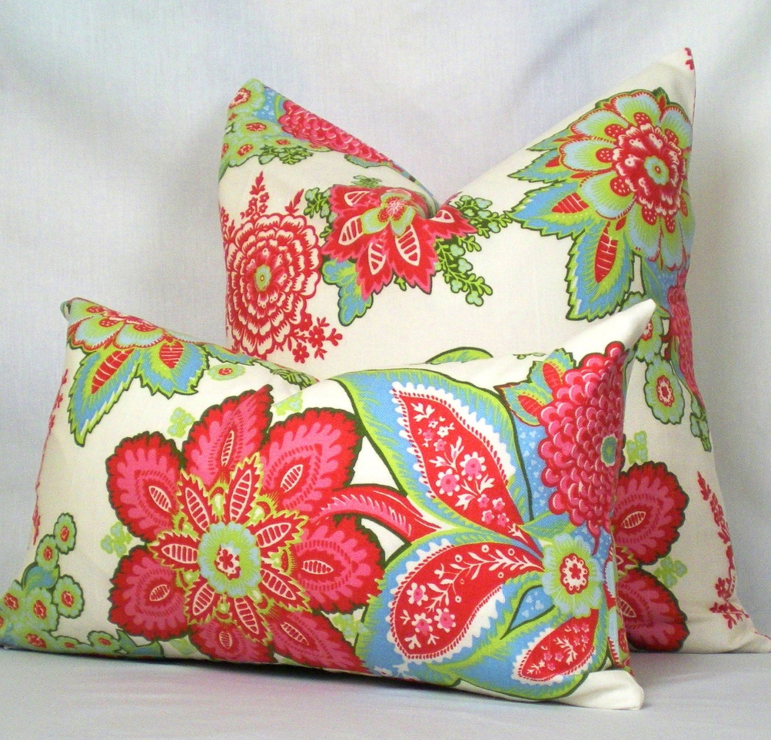 Annie Selke . Designer Decorative Pillow Cover .  20 x 20  inches . Raspberry . Green . Blue . Pink . Floral . Linen
