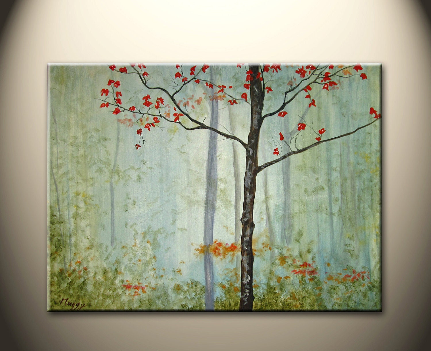 Autumn morning in forest- 24"x18" original modern painting, on stretched canvas, ready to hang,On Sale