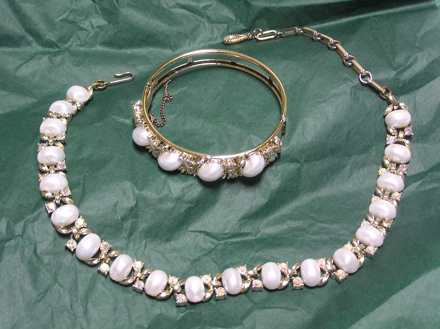 Vintage Lisner faux pearl rhinestone necklace and cuff bracelet