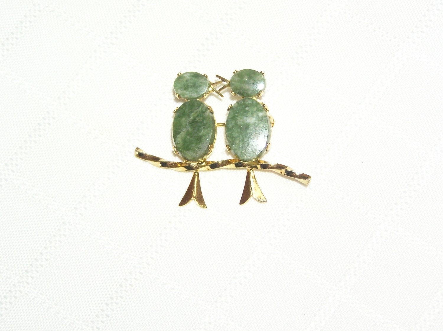 Vintage Burt Cassell jade kissing birds pin