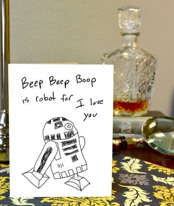 Star Wars Greeting Card R2 D2 Robot for I love you Hand Drawn Nerdy Card