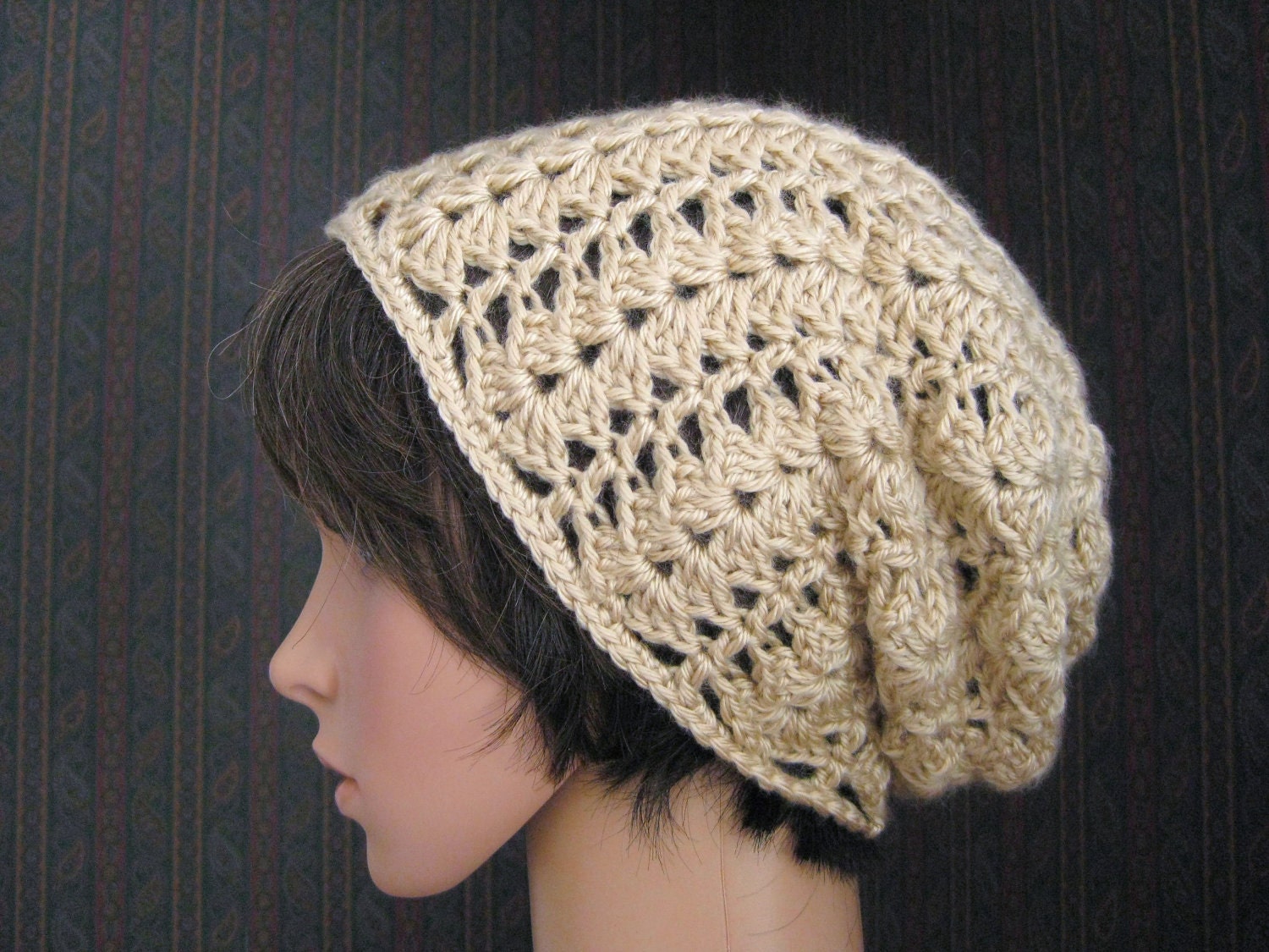 Crocheted Slouch Beanie Hat -Light Tan