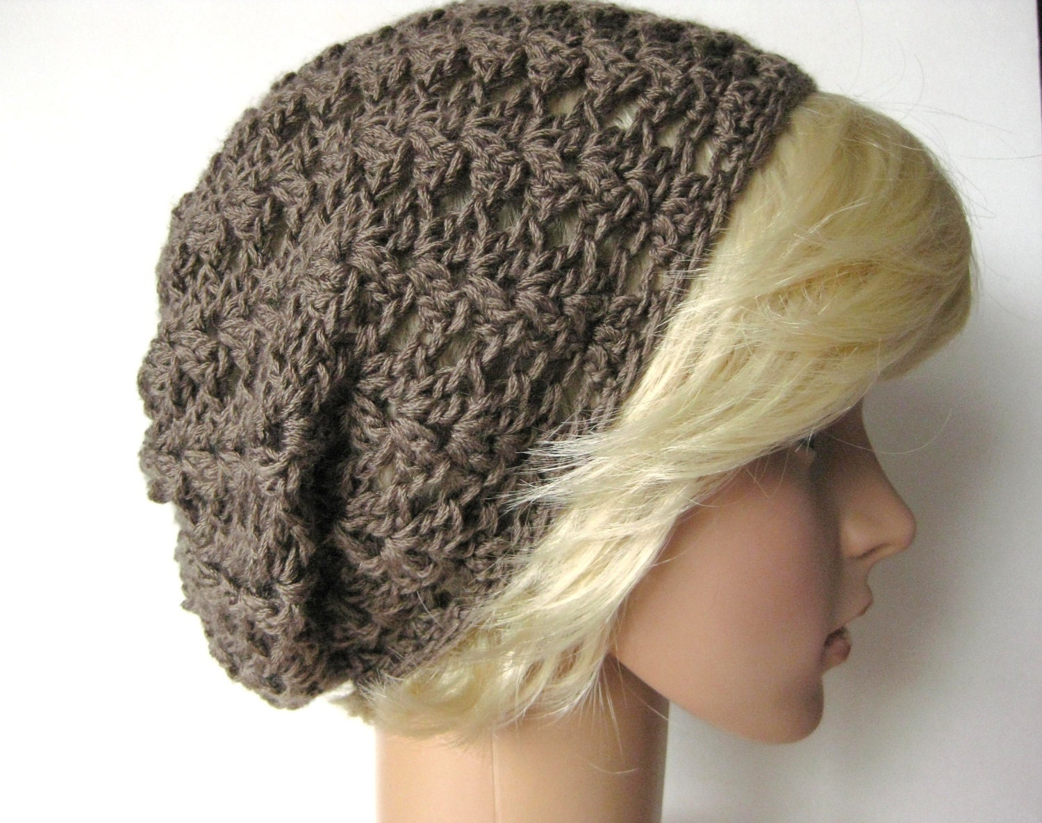 Lacy Crocheted Slouch Beanie Hat -Taupe-Christmas in July Sale