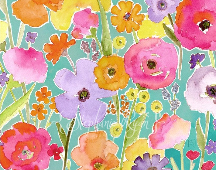 Watercolor Painting  Floral Garden  Art Print Reach