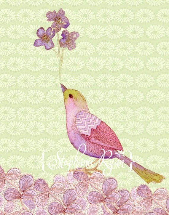 Watercolor Illustration Print Bird with Purple Flowers Finding Balance