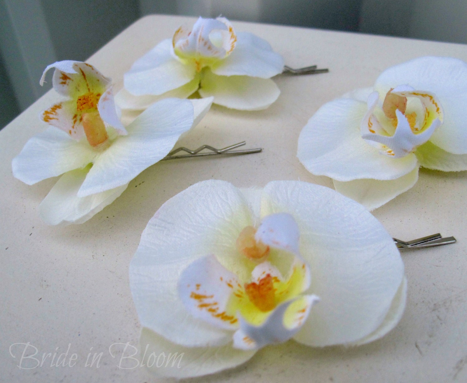 Wedding hair accessories Bridal hair clips 4 white orchid bobby pins bridesmaids flower girl hair accessory