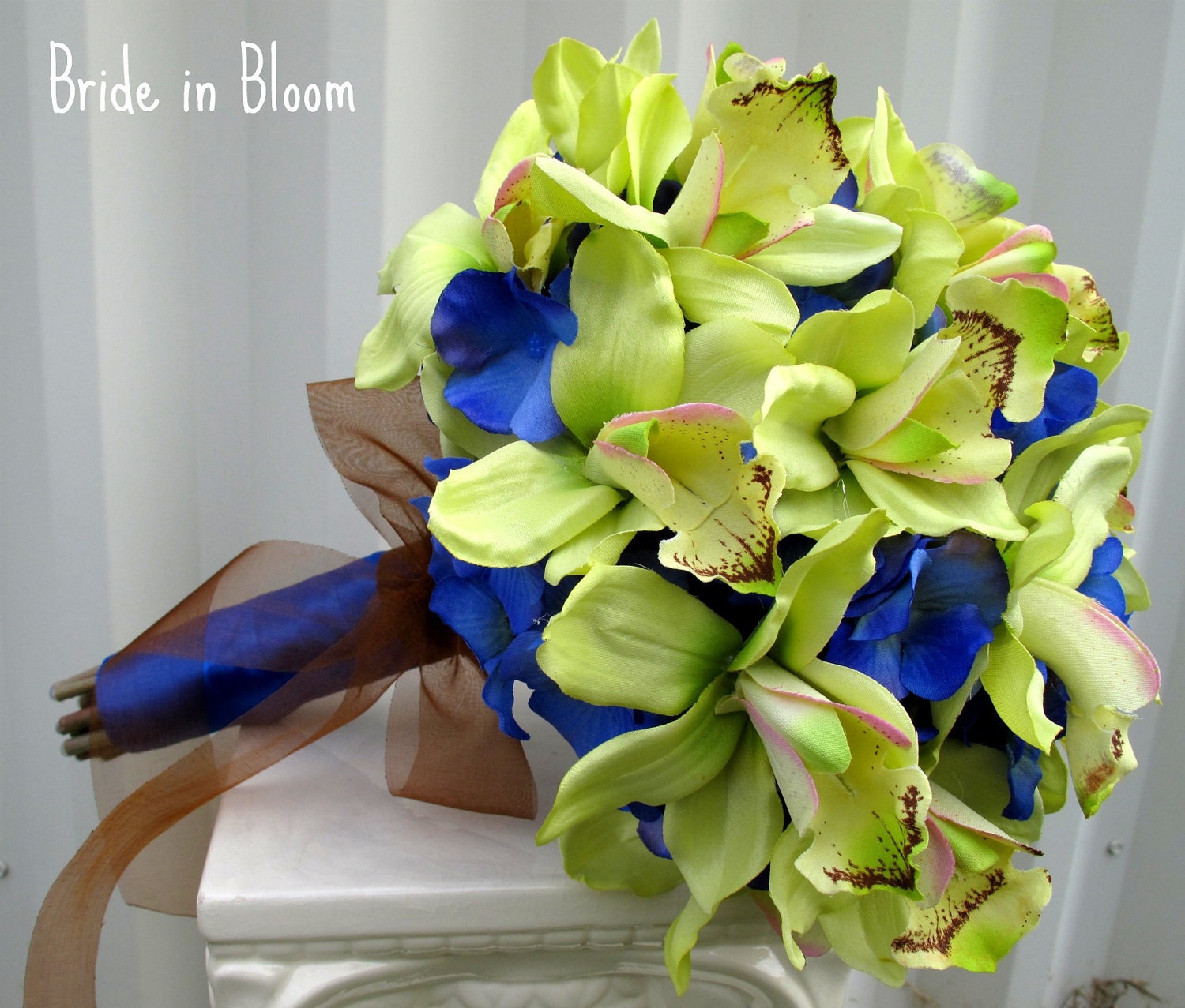 Wedding bouquets green orchids royal blue silk bridal flowers