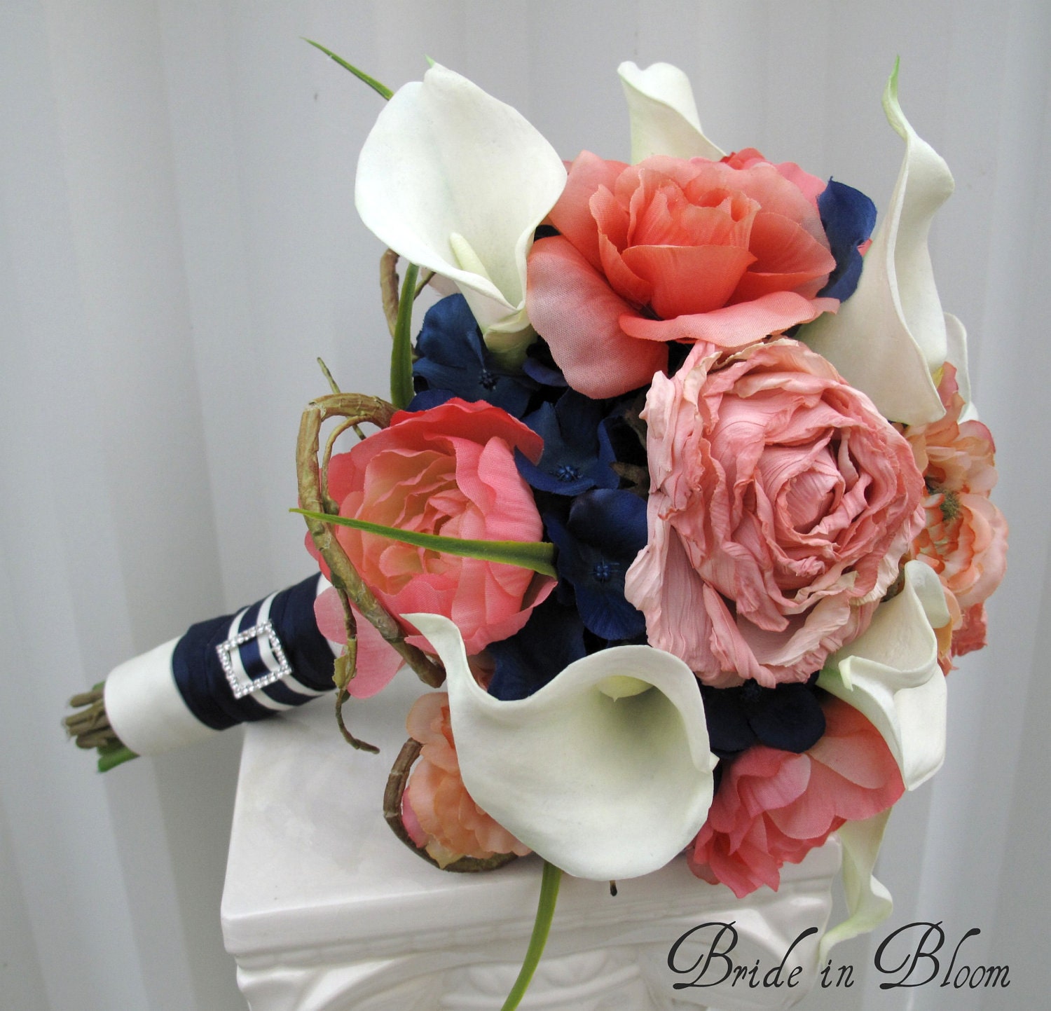 Wedding bouquet coral navy white calla lily rose bridal bouquets silk wedding flowers